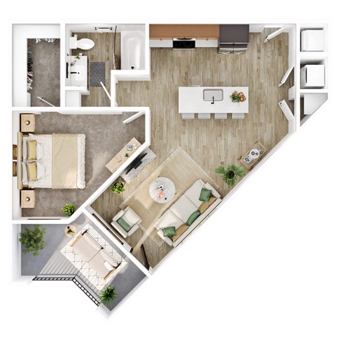 A top-down view of a modern apartment layout with a kitchen, living room, and bathroom.